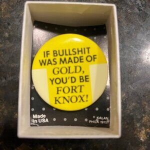 Vintage bold statement tin button pin Kalan Phila 19151  yellow 1 3/4" dia w/box
